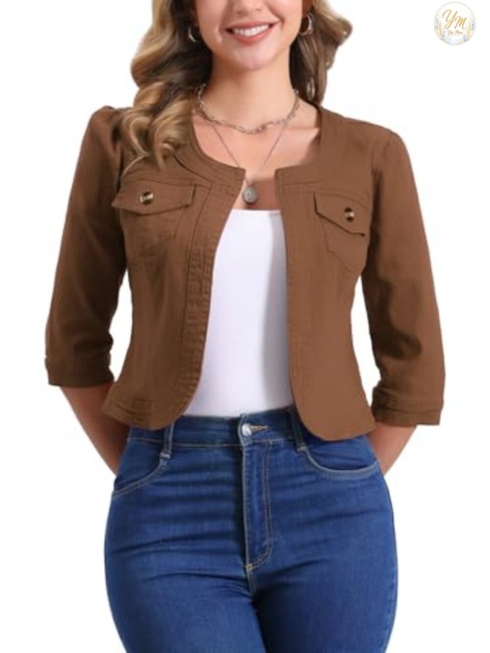 Allegra K Denim Cardigan 3/4 Sleeve Collarless Jean Jacket for Women